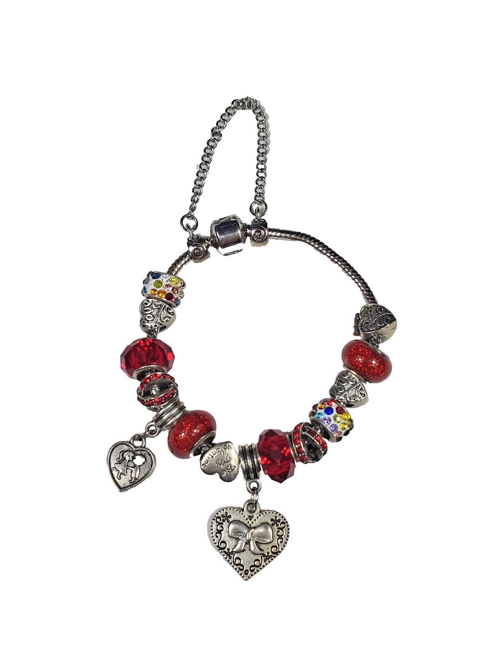 925 Charm Bracelet w 14 Charms & Safety Chain Red Love Glass, Enamel, Filigree - Picture 10 of 13